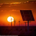 a group of wind turbines and solar panels at sunset Royalty Free Stock Photo