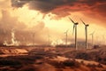 Group of Windmills in the Dirt, Harnessing Natural Power in Rural Landscape, View of a wind farm with turbines on fire, a concept