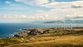 A group of windmills generating renewable energy on a scenic hill overlooking the ocean, View from Cape Kaliakra to an offshore