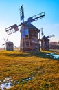 The group of windmills on the meadow, Pyrohiv Skansen, Kyiv, Ukraine