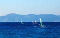 Group of windsurfers on a background mountains in the Aegean sea . Greece
