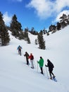 A group of winter hiking people in snow shoes with blue sky