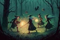 group of witches playing a broom soccer ball game in the forest illustration generative ai