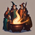 A group of wizards gathered around a bubbling cauldron, brewing potions1
