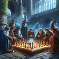A group of wizards playing a game of magical chess in a castlec