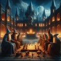 A group of wizards playing a game of magical chess in a castlec