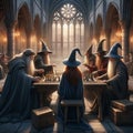 A group of wizards playing a game of magical chess in a castlec
