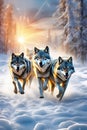 A group of wolfs running in the snow Royalty Free Stock Photo