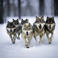 A group of wolfs running in the snow Royalty Free Stock Photo