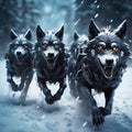 A group of wolfs running in the snow Royalty Free Stock Photo