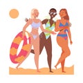 Group of Woman Friends in Swimsuit on Beach Enjoying Summer Vacation and Seaside Rest Vector Illustration Royalty Free Stock Photo