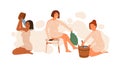 Group of woman in public bathhouse or banya full of hot steam vector flat illustration. Happy female washing their