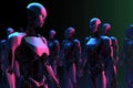 Group of woman robot in neon light stands next to row, clones. Generative AI