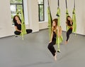 Group women anti-gravity aerial yoga portrait Royalty Free Stock Photo