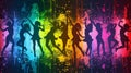 A group of women dancing in silhouette on a rainbow colored background, AI Royalty Free Stock Photo