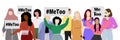 Group of women from different ethnic groups protesting and displaying banners with the inscription hashtag Me Too. Vector Royalty Free Stock Photo