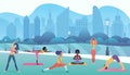 Group of women doing yoga in the public city park vector illustration