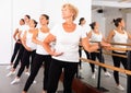 Group of women perform the battement tendu movement, standing in a ballet stance near the barre Royalty Free Stock Photo