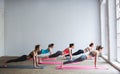 Group women on floor of sports gym doing push ups. Royalty Free Stock Photo