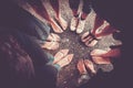 Group of woman from high point of view with seven pair of feet with shoes and barefoot without. caucasian ladies in summer time.