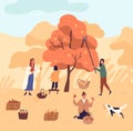 Group of women and kid picking pears from tree at garden vector flat illustration. Funny female during seasonal Royalty Free Stock Photo