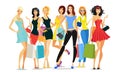 Women in colorful clothes with shopping bags. Vector illustration. Royalty Free Stock Photo