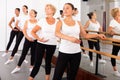 Group of women perform the battement tendu movement, standing in a ballet stance near the barre Royalty Free Stock Photo