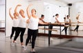 Group of women perform the battement tendu movement, standing in a ballet stance near the barre Royalty Free Stock Photo