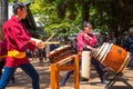 Group of women perform Japanese Taiko drum in Bunkyo Azalea Festival at Nezu Shrine