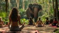 Women Practicing Yoga in Front of Elephant Royalty Free Stock Photo