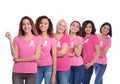 Group of women with silk ribbons on white. Breast cancer awareness concept