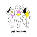 Group of women in swimsuits. Female characters. Body positive movement and beauty diversity. Love your body concept.