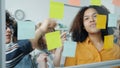 Group of women talking and writing on colorful sticky notes working with glassboard in office