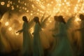 A group of women wearing white dresses walks in front of a vibrant firework display, An ethereal image of angels singing on