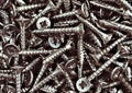 Group of wood  steel  screws , zinc heap chrome. Close up macro, dark industrial seamless background Royalty Free Stock Photo