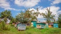 Group of wooden beehives in the garden