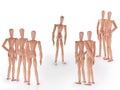 Group of wooden dummy characters standing around one Royalty Free Stock Photo