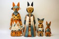 Group of wooden figures of cats and dogs in native art. Generative AI Royalty Free Stock Photo