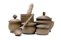 Group of wooden pots and mortar with pestle. Crockery. Royalty Free Stock Photo