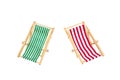 Group of wooden red and green beach chairs lounge isolated on white background. Royalty Free Stock Photo