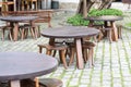 Group wooden tables in a traditional Bulgarian style on a street