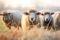 group of woolly sheep close-up in frosty field