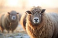 group of woolly sheep close-up in frosty field Royalty Free Stock Photo