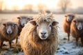 group of woolly sheep close-up in frosty field