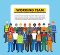 Group of worker, builder and engineer standing together on blue background in flat style. Working team and teamwork concept.