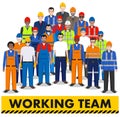 Group of worker, builder and engineer standing together on white background in flat style. Working team and teamwork