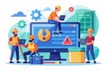 A group of workers is actively solving computer problems using laptops and tools in a bright workspace, workers are fixing Royalty Free Stock Photo