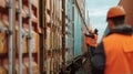 A group of workers in bright orange safety vests are inspecting a row of containers checking for any maintenance issues