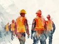 Group of workers in hardhats and helmets. illustration. Generative AI
