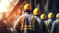 Group of workers in hardhats and reflective safety vests are seen from the back, standing together. AI generated Royalty Free Stock Photo